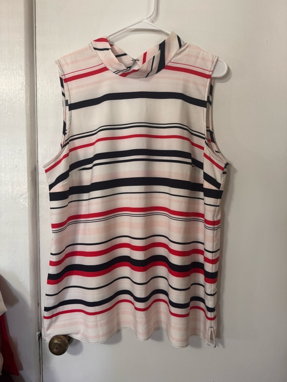 Ann Taylor Striped Mock Neck Blouse in Cream, Navy & Red
